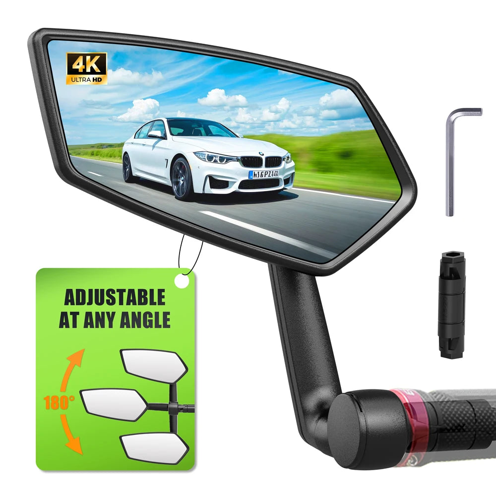 Black RBRL bicycle side mirror with extended arm, showing a car reflection, plus an Allen wrench tool.