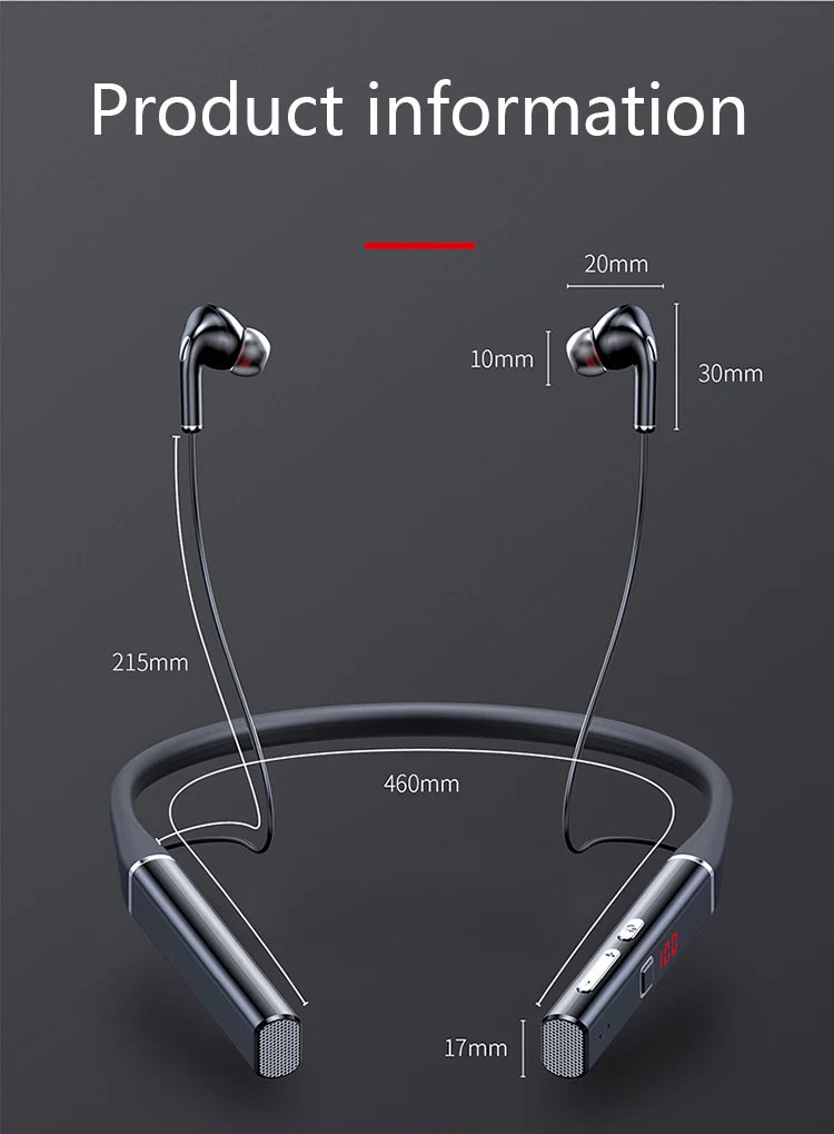Black wireless magnetic neckband headphones with noise-cancelling in-ear buds and a digital battery display.