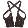 Dark brown tactical chest bag with dual holster-style pouches, adjustable straps, and multiple secure zip pockets.