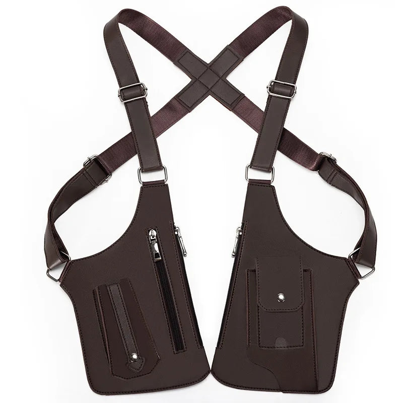 Dark brown tactical chest bag with dual holster-style pouches, adjustable straps, and multiple secure zip pockets.