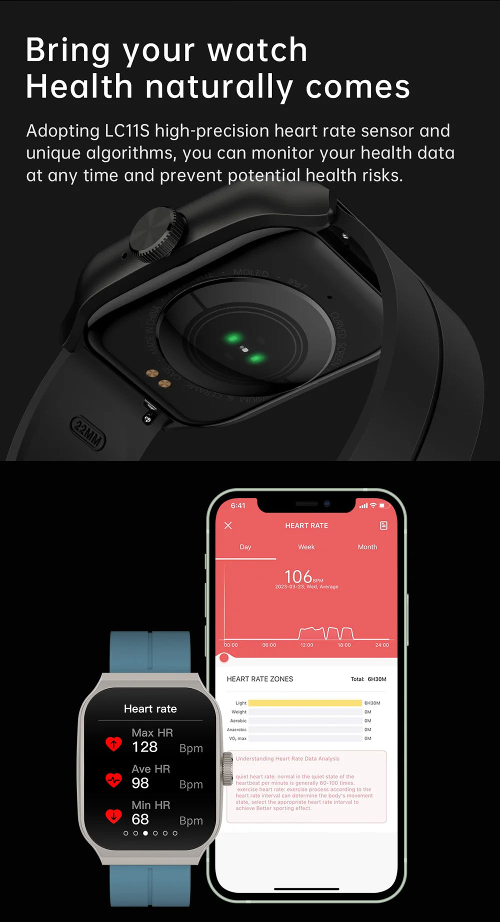 Black smartwatch with a 2.01-inch curved screen and blue strap, displaying heart rate monitoring data on a phone app.