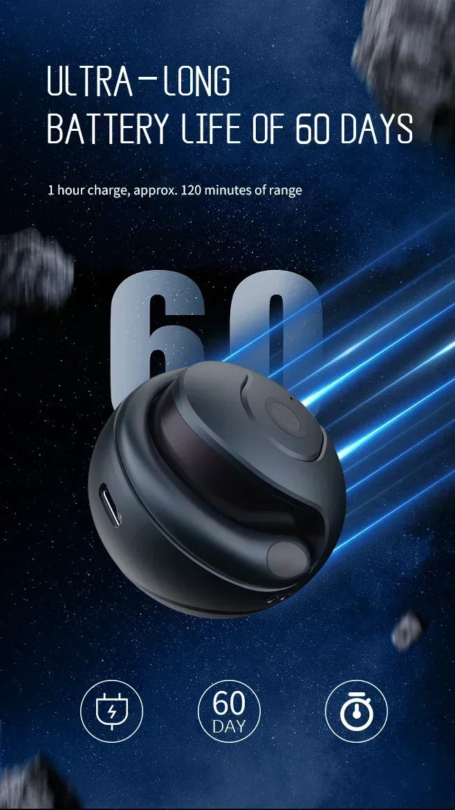 Black spherical wireless earbud on a cosmic background, promoting 60-day battery life and fast charging.