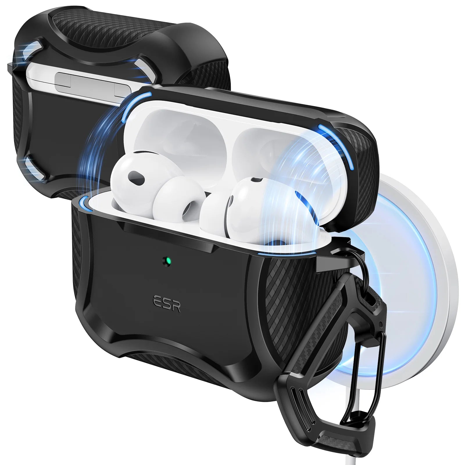 Rugged black protective case for AirPods Pro, featuring a textured design and carabiner clip.