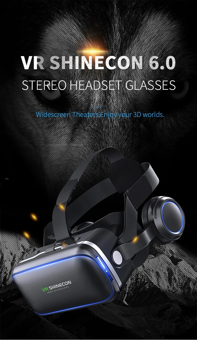 Black 3D virtual reality headset with an adjustable strap, integrated headphones, and sleek blue LED accents.