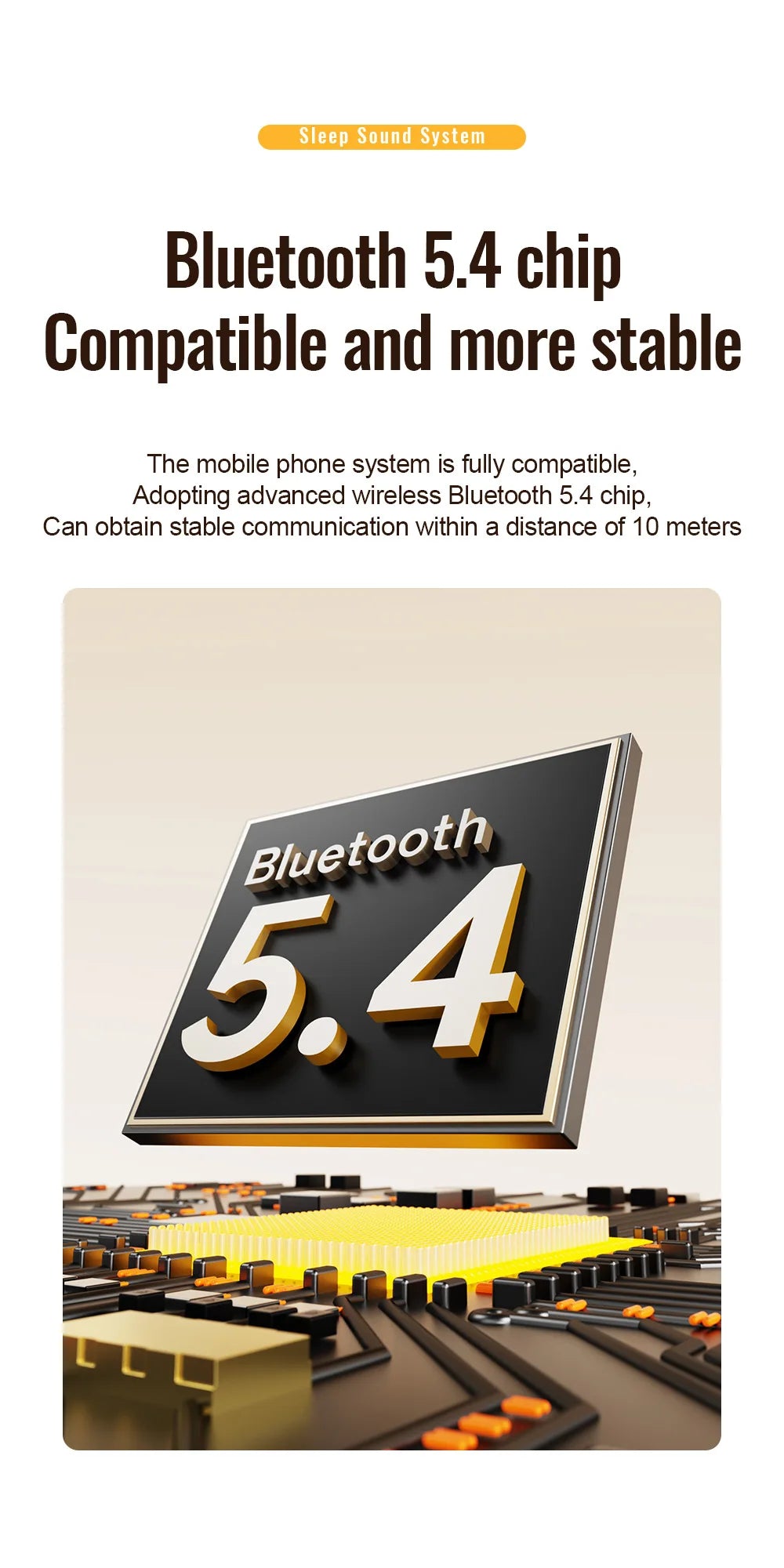 A black, rectangular Bluetooth 5.4 chip icon floating above a detailed computer circuit board graphic.