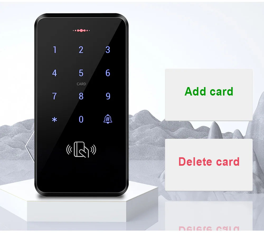 Black glass digital keypad access control reader with touchscreen, number pad, and RFID card sensor.