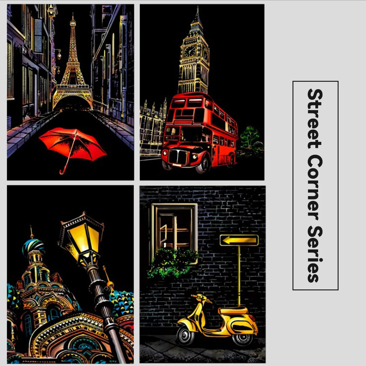Four city-themed scratch art prints featuring iconic landmarks like the Eiffel Tower and Big Ben in vibrant colors.