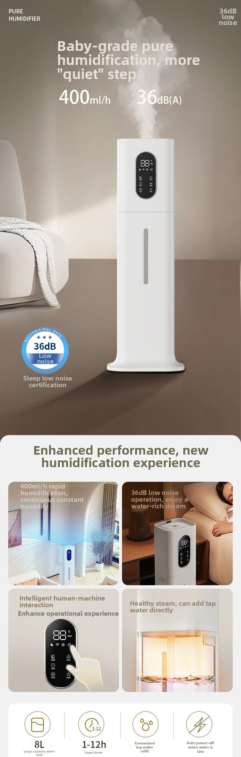 A white, minimalist 8L ultrasonic humidifier with a digital touchscreen display, emitting mist for quiet home comfort.