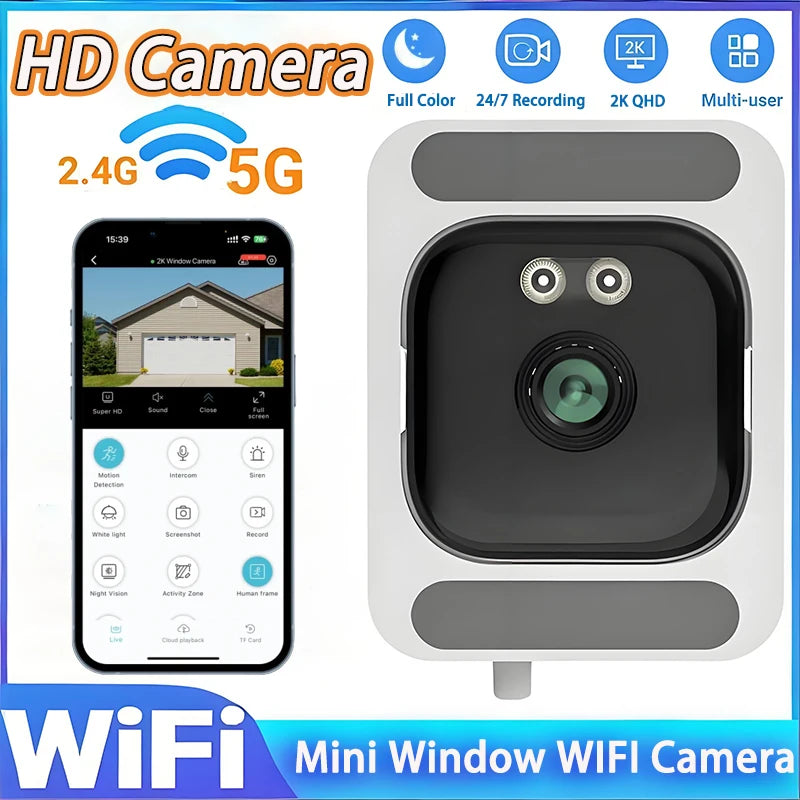Mini white WiFi security camera featuring 2K QHD, full-colour night vision and smartphone app control.