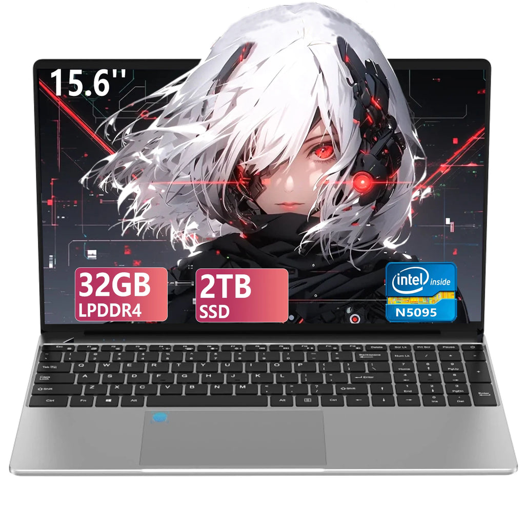 Sleek silver 15.6-inch laptop with black keyboard, 32GB RAM, 2TB SSD, and anime-style desktop wallpaper.