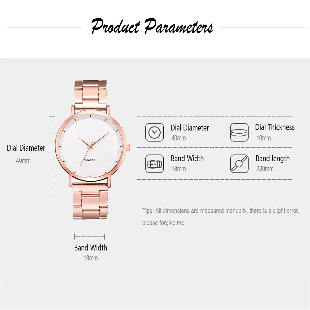 Elegant rose gold stainless steel ladies’ watch with a minimalist white dial and matching link strap. Specifications shown.