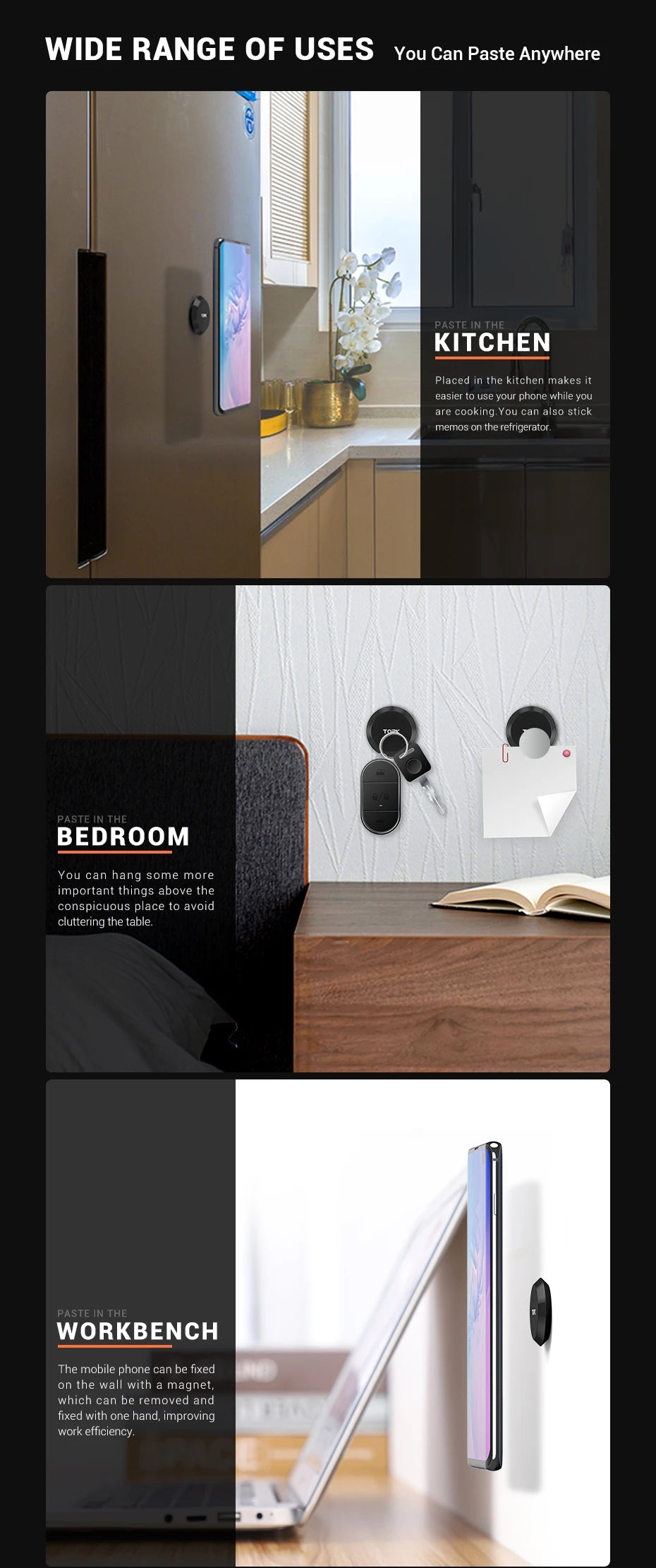Small black magnetic mounts for phones or keys, shown attached to a refrigerator, bedroom wall, and office desk.