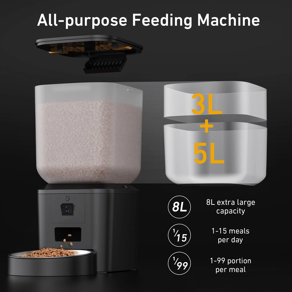 Black automatic pet feeder with an 8L transparent food container, dispensing nozzle, and metal bowl. Sleek modern design.