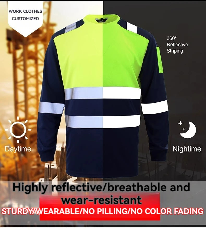 Men's long-sleeve hi-vis work shirt in navy and neon yellow with reflective safety stripes on the torso and sleeves.