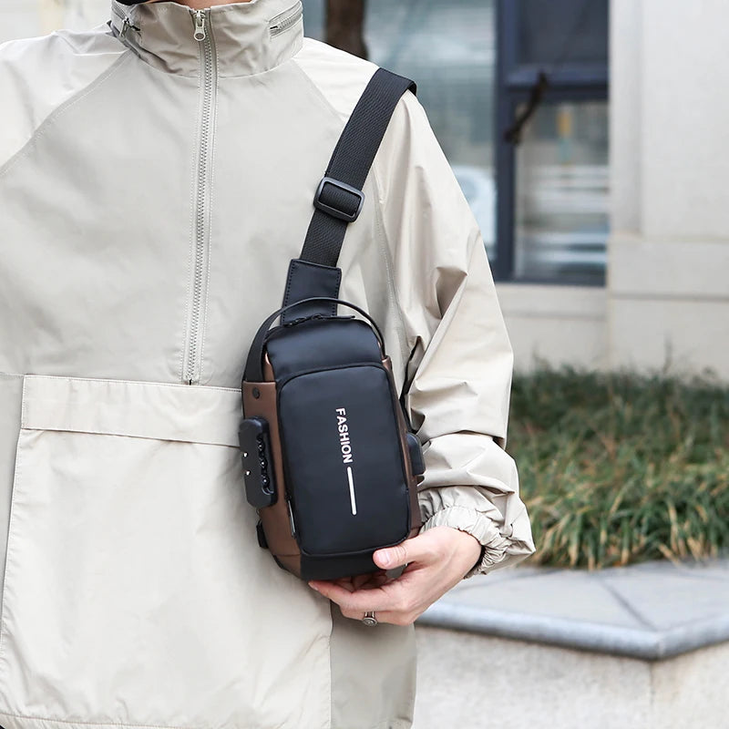 A black and brown anti-theft crossbody chest bag with an integrated combination lock and USB charging port.