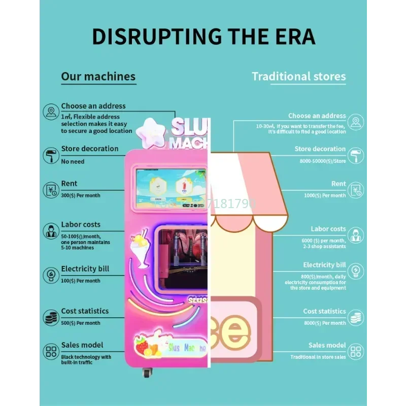 Pink automatic commercial slushee vending machine with digital touchscreen, dispensing window, and neon accents.