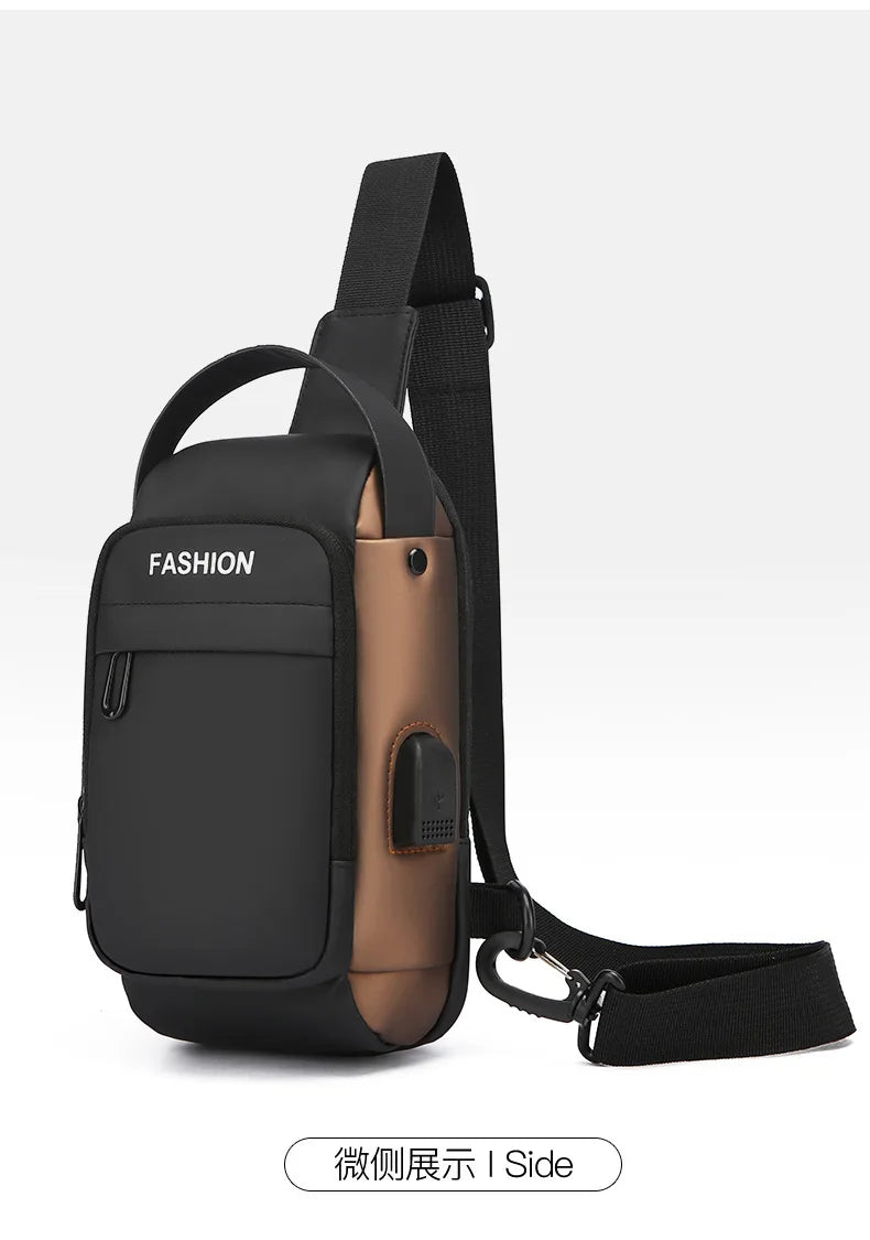 Black and bronze crossbody sling bag with an adjustable strap, top handle, front pocket, and external USB port.