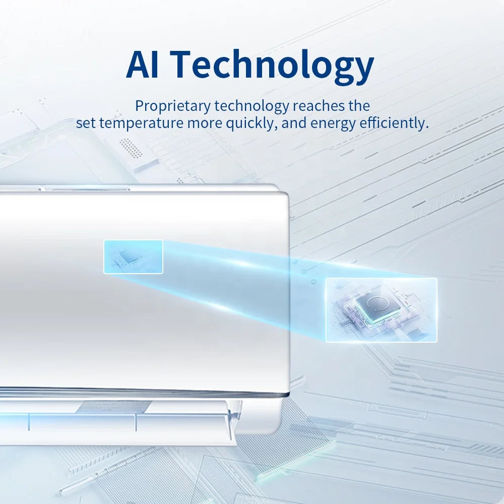 Sleek, white wall-mounted smart air conditioner showing an AI chip graphic highlighting energy-efficient temperature control.