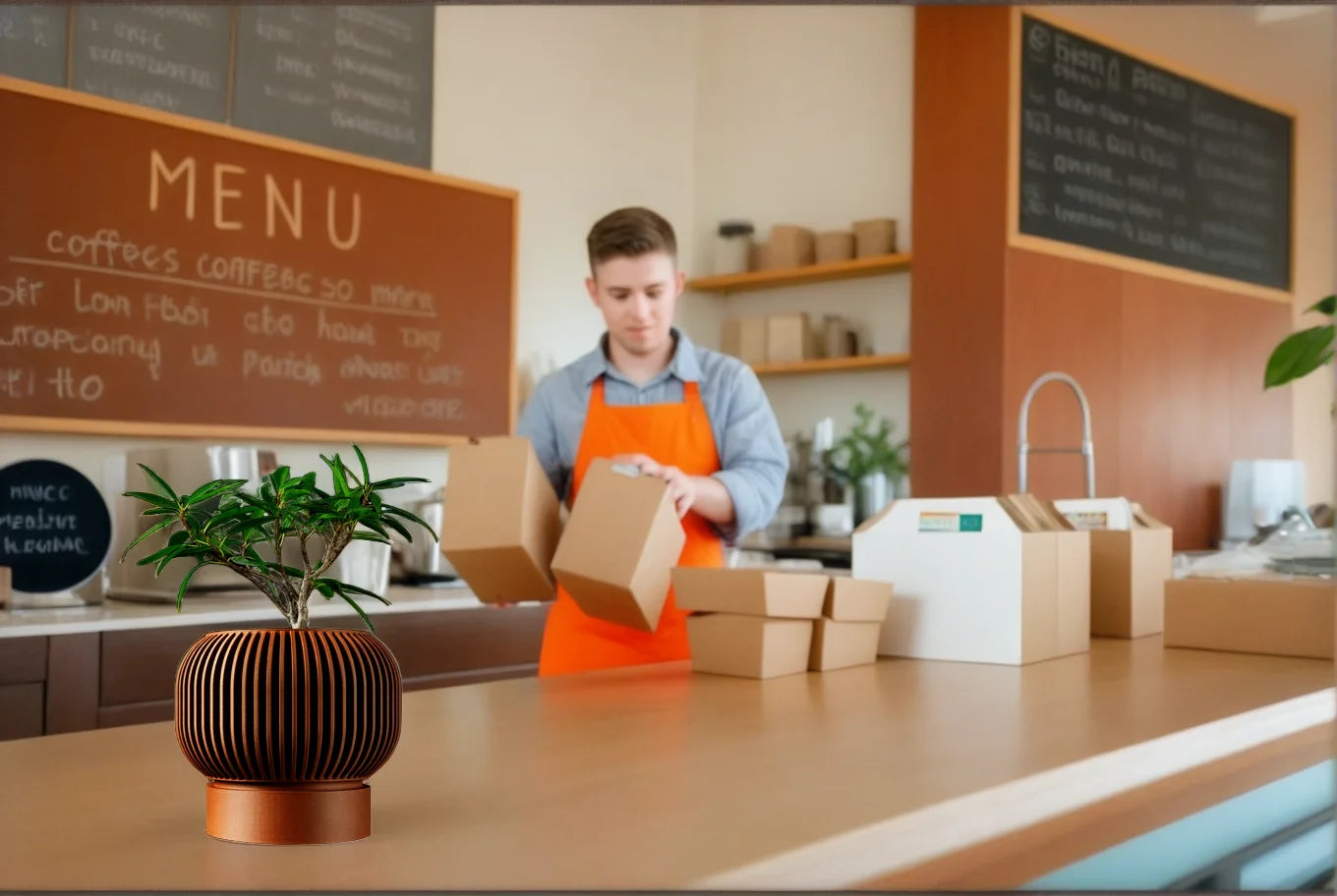 A brown, 3D-printed plant pot with ribbed detailing and a small green plant sitting on a cafe counter.