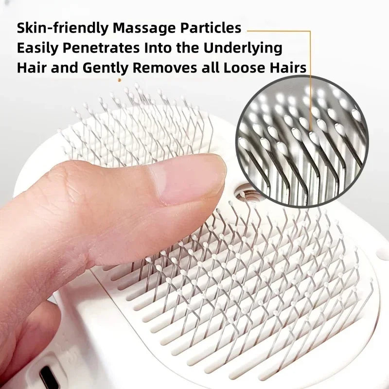 White pet grooming brush with fine metal bristles featuring rounded protective tips for gentle massage.