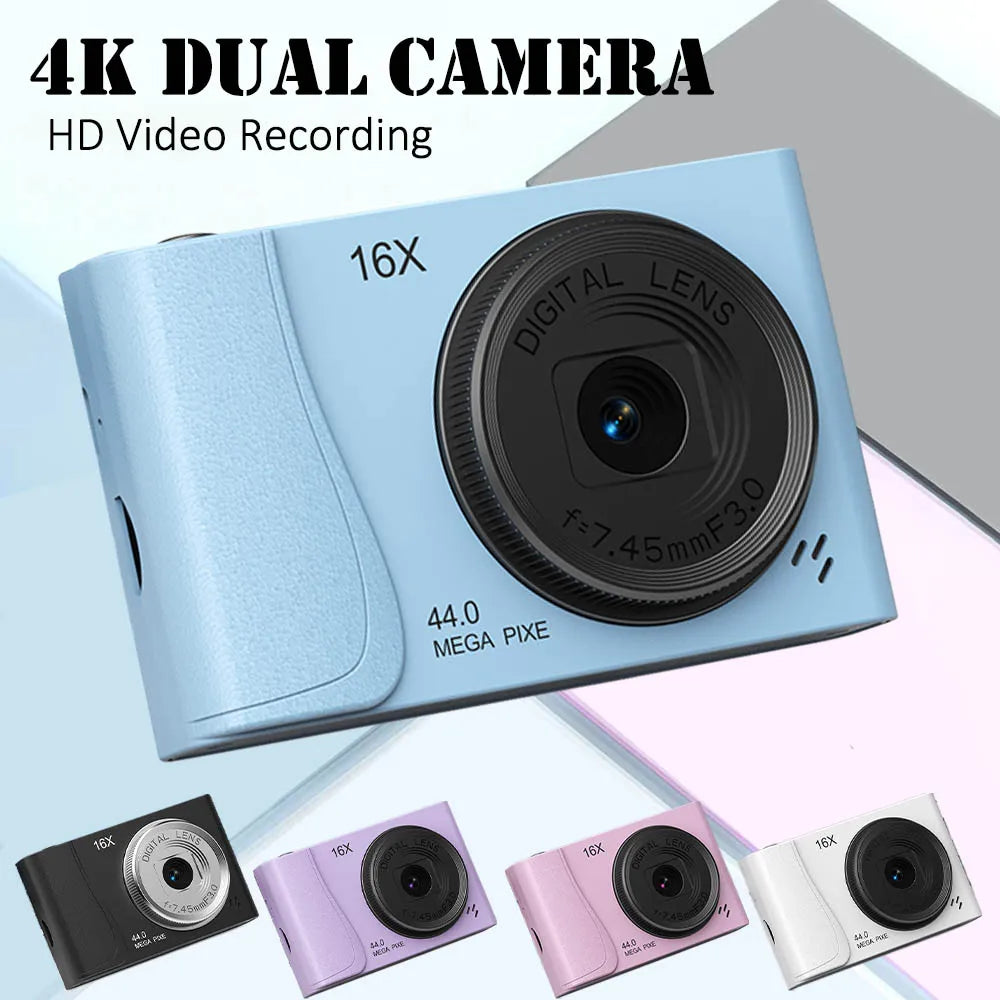 Light blue plastic digital camera with 16X zoom lens, 44 megapixel sensor, and 4K video recording capability.