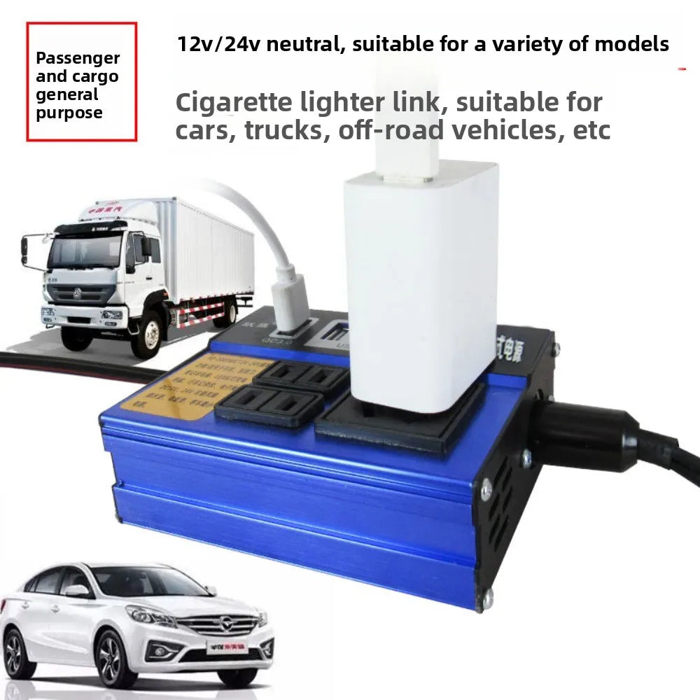 Blue 2000W car power inverter with AC and USB ports, shown connected to a white charging plug.