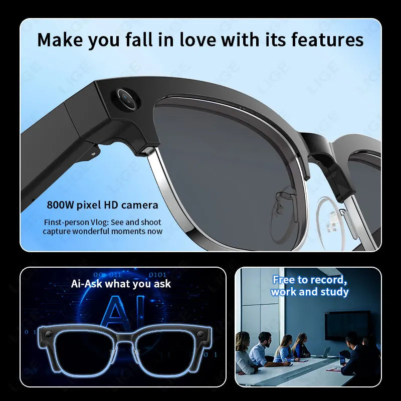 Black smart AI glasses with a built-in camera for video recording, featuring a sleek, modern design for daily use.