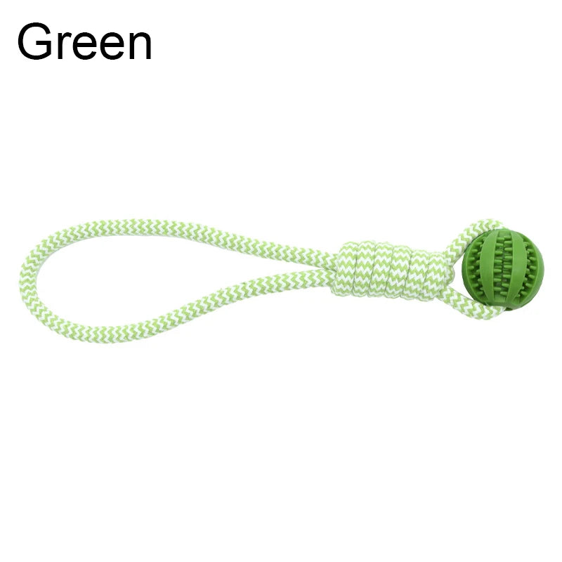 Green dog toy with a durable white and green rope loop attached to a textured green rubber treat-dispensing ball.