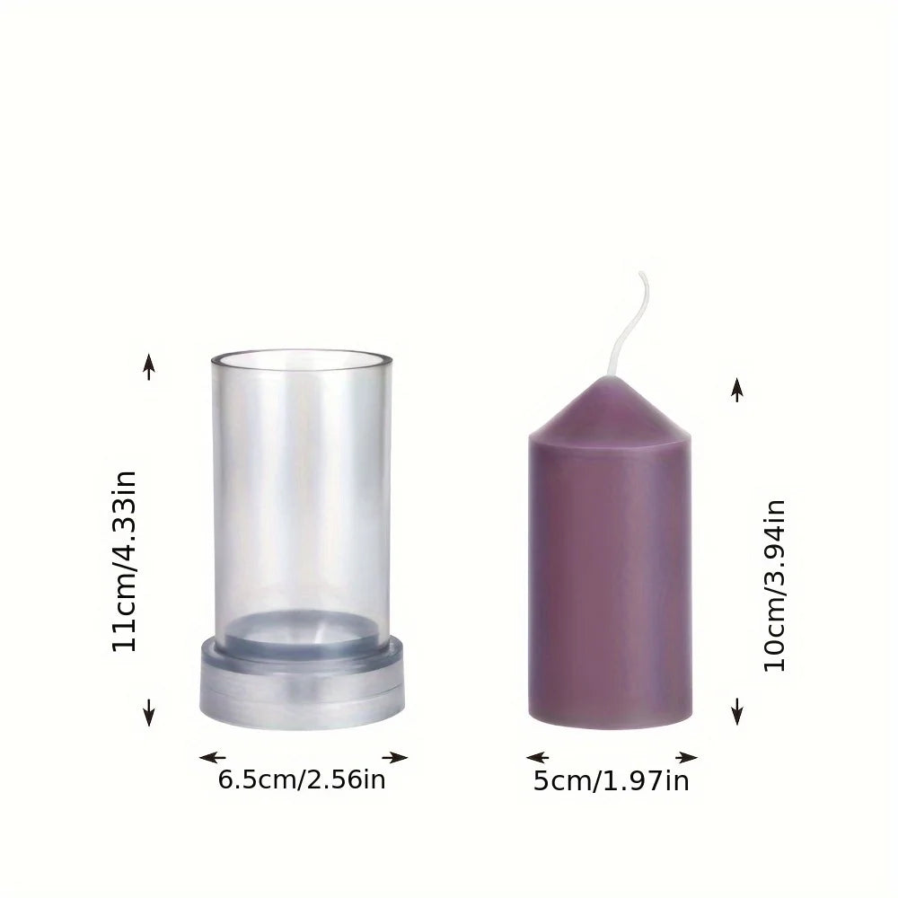 Clear acrylic cylindrical candle mold with base, shown alongside a finished purple pillar candle with a wick.