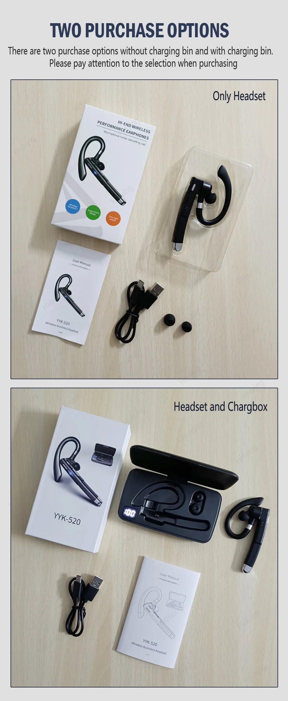 Black wireless ear-hook headset with microphone, shown as a single unit or with a digital display charging case.