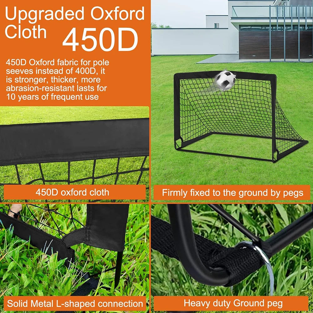 Black portable football goal made with durable 450D Oxford cloth, featuring a metal frame and heavy-duty ground pegs.