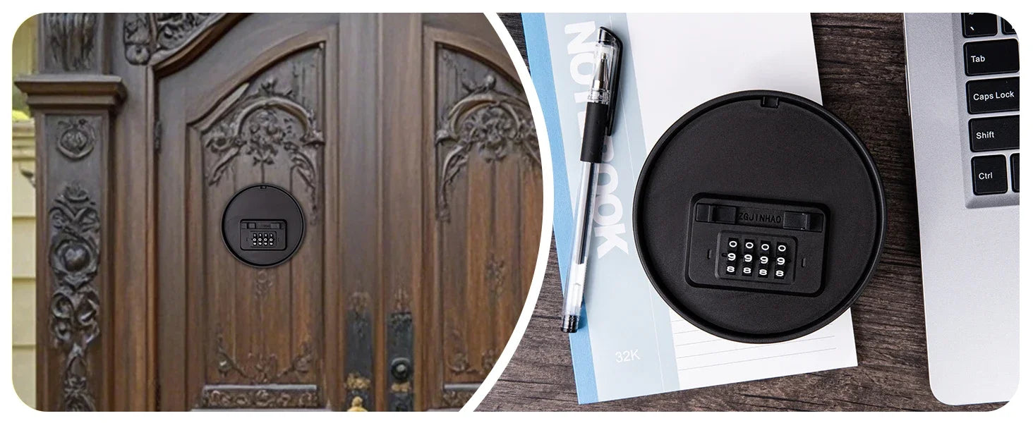 Black circular plastic wall safe with a four-digit mechanical combination lock, shown on a door and a desk.
