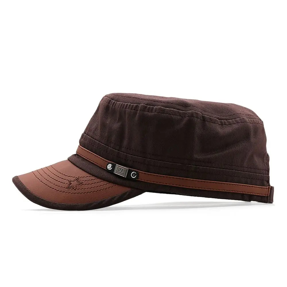 Side profile of a brown, flat-top military-style cap featuring a brown faux-leather strap and stitched star detail.