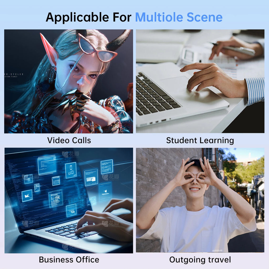 Collage showing a silver 15.6-inch laptop used for gaming, studying, office work, and travel.