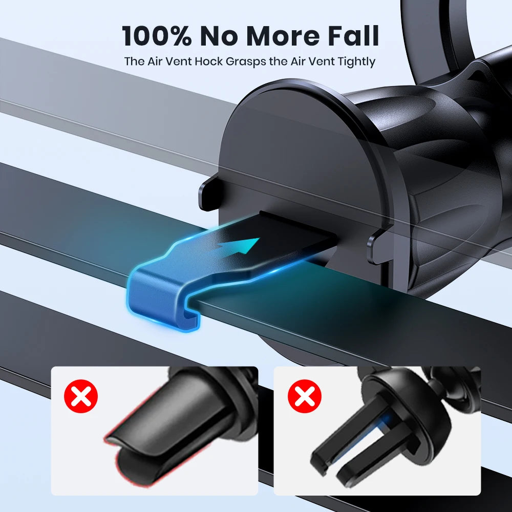Black car phone mount with a secure hook design for air vent attachment, shown with comparison examples.