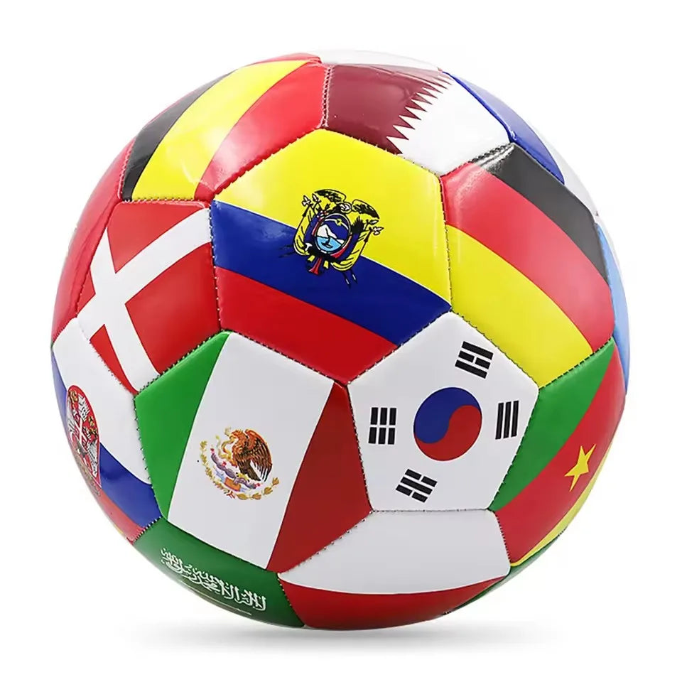 Football featuring a colourful patchwork design of various international national flags on a white background.