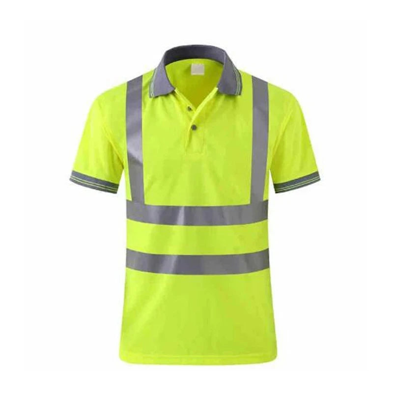High-visibility yellow polo work shirt with a grey collar and reflective silver tape strips on the body and sleeves.