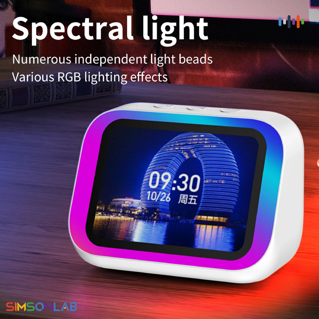 White smart speaker with a digital clock display surrounded by a vibrant, colour-changing RGB LED light border.