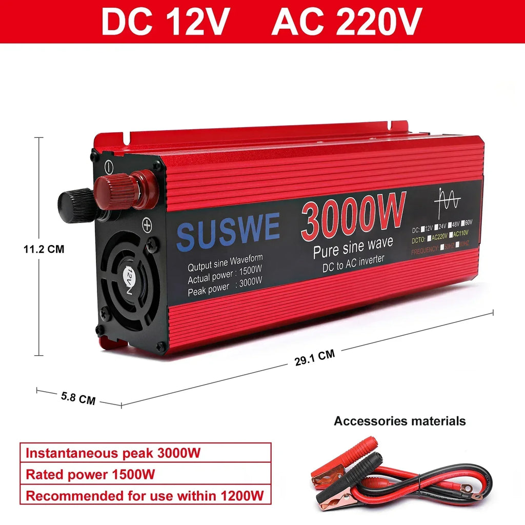 Red 3000W pure sine wave DC to AC power inverter with cooling fan, connection terminals and included battery cables.