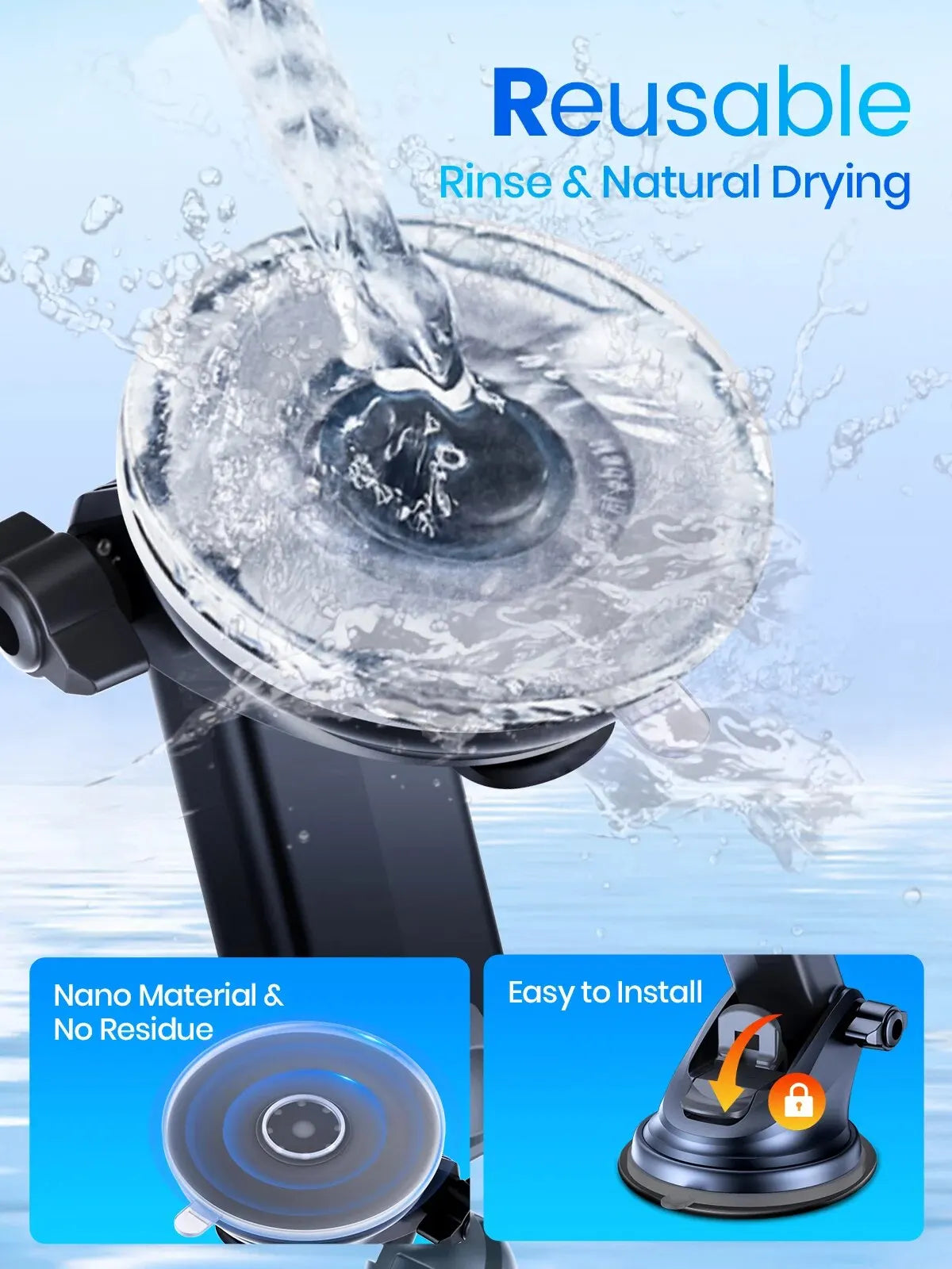 Black car phone mount with a clear, reusable suction cup being rinsed under water, featuring a locking lever design.