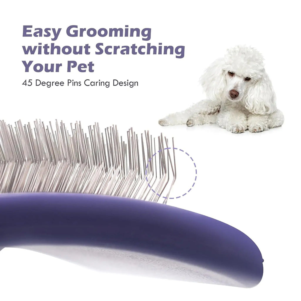 Purple grooming brush with 45-degree angled metal pins for gentle detangling, shown next to a white poodle.