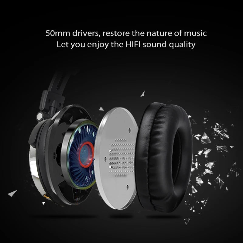 Exploded view of black wired over-ear studio headphones, highlighting internal 50mm drivers and padded ear cushions.