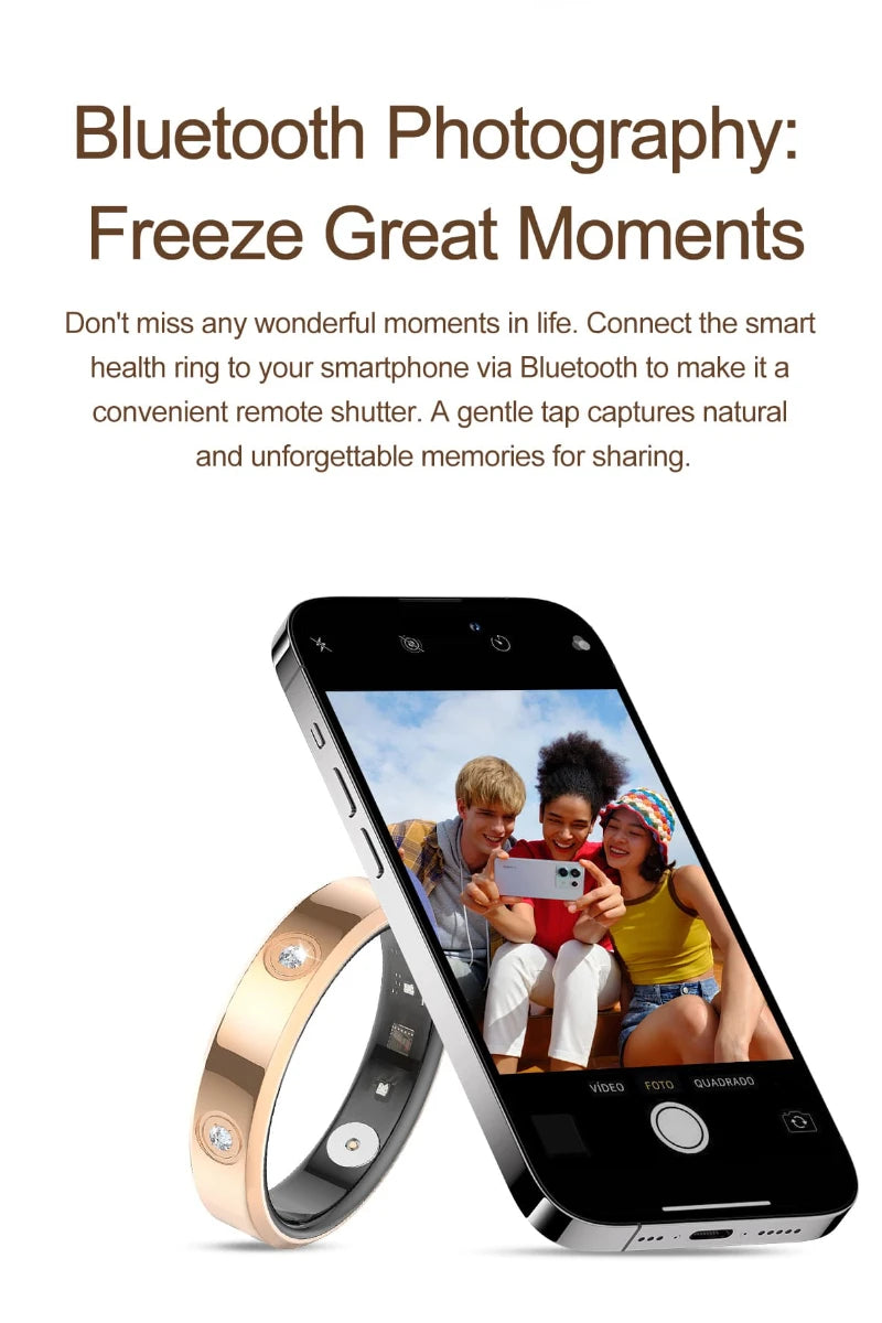 Slim rose gold smart fitness ring with crystal accents, shown next to a smartphone used as a remote camera shutter.