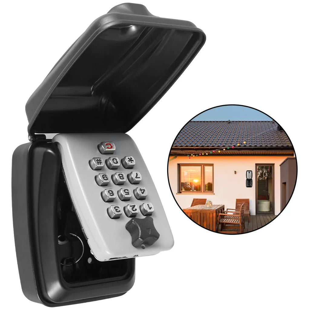 Black metal wall-mounted key lock box with an open hinged cover and a grey digital keypad for secure key storage.