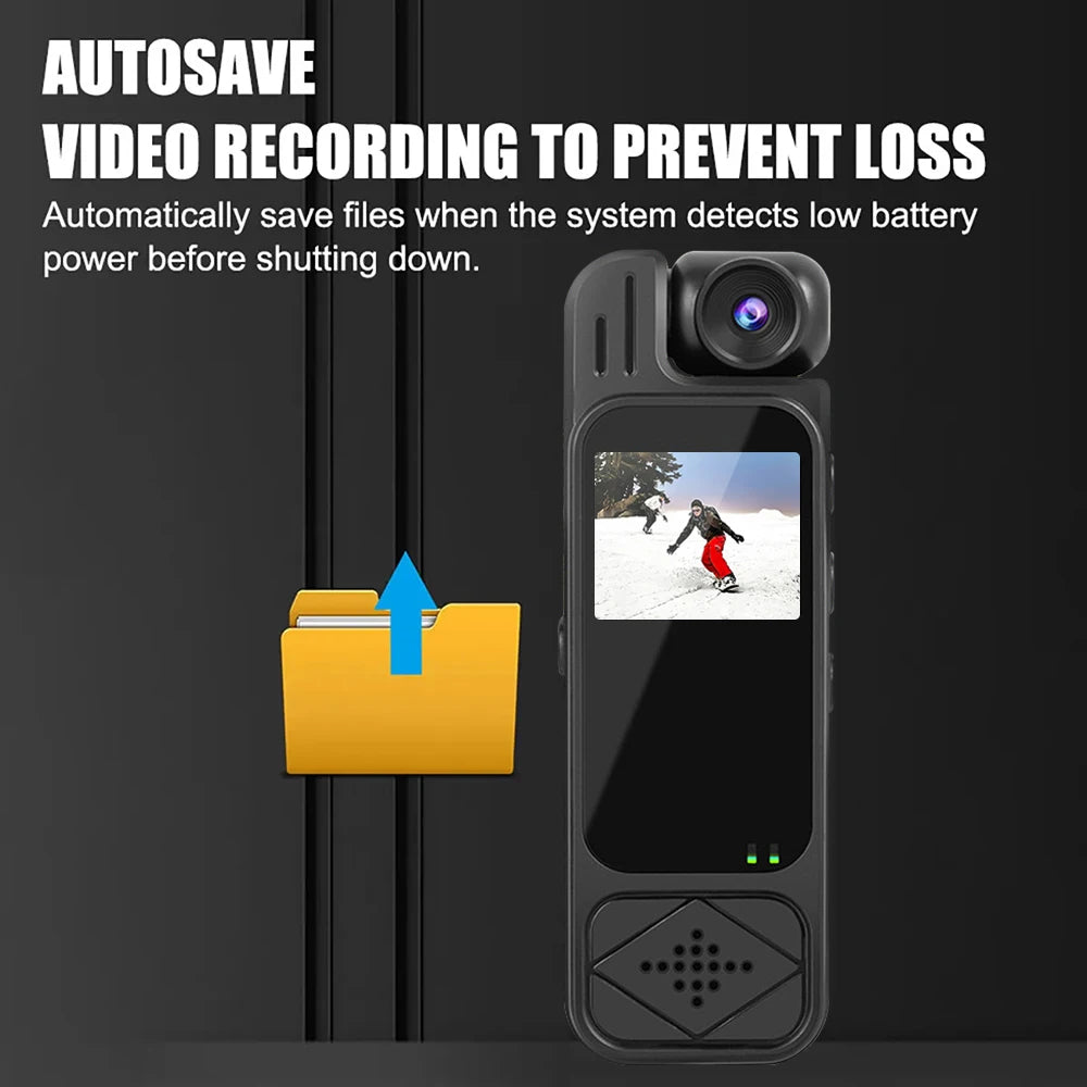 Black plastic body camera with a screen and camera lens, showing a file-saving icon and video playback.