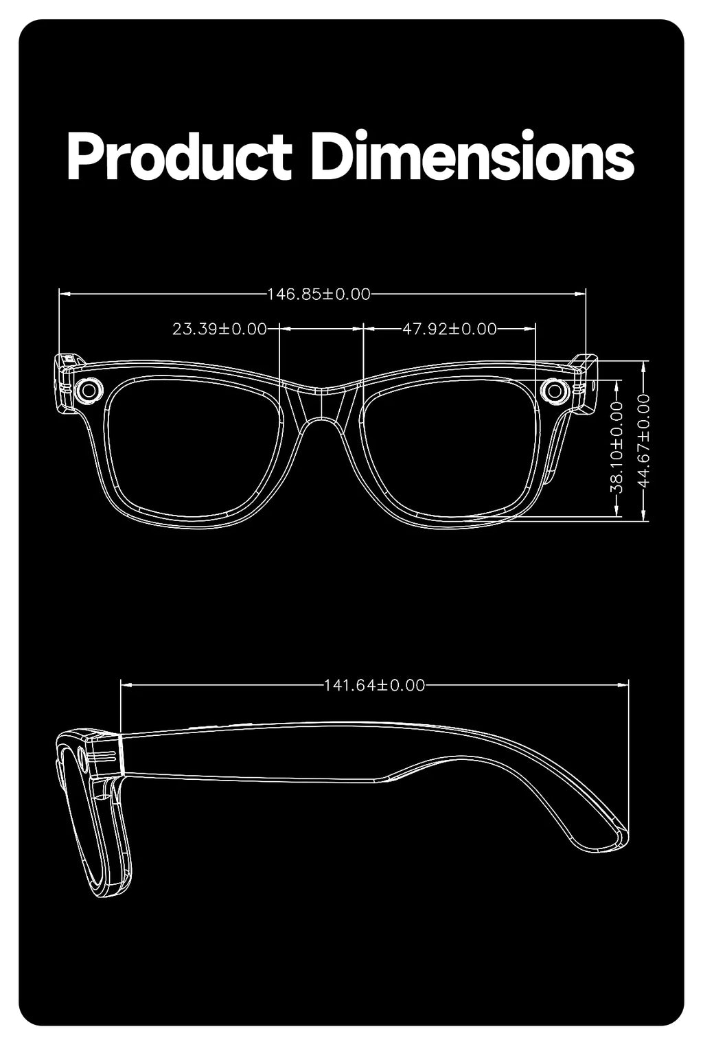 Technical diagram showing dimensions for smart Bluetooth glasses with integrated front-facing cameras.