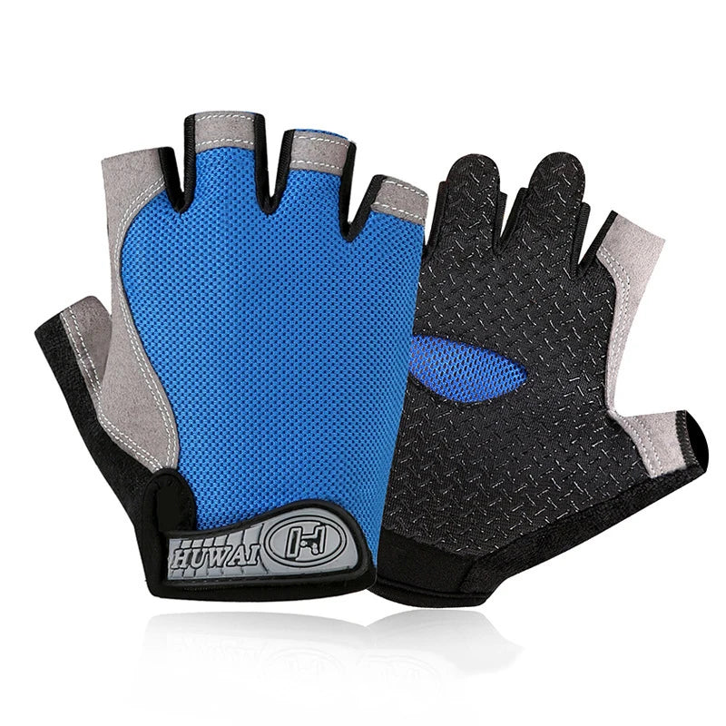 Blue and black fingerless cycling gloves with grey accents, textured anti-slip palms, and Velcro wrist straps.