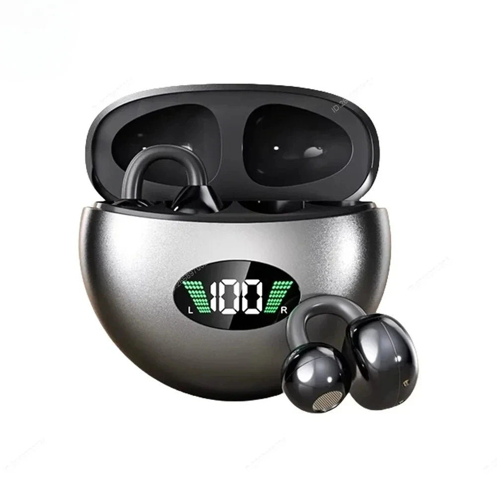 Black wireless ear clips with a metallic silver charging case featuring a digital battery display.
