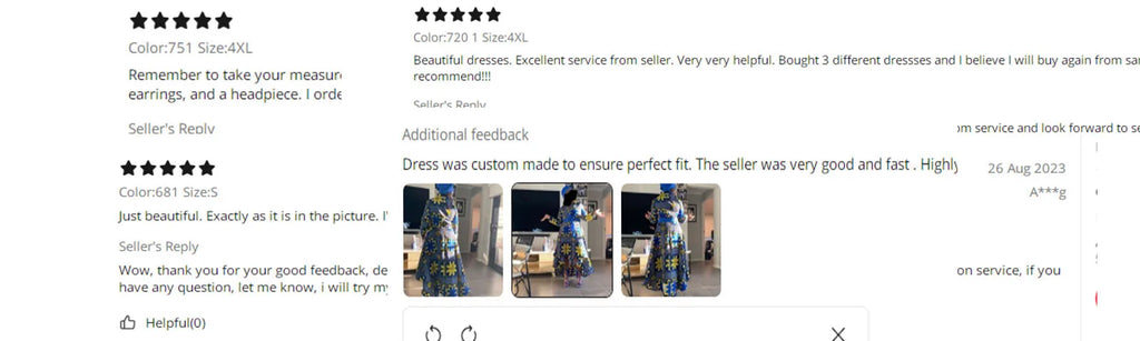 A person wearing a long, blue and yellow patterned maxi dress with a matching headwrap, shown in three poses.
