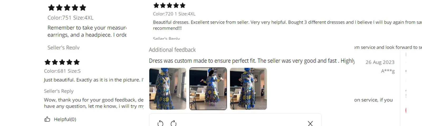A person wearing a long, blue and yellow patterned maxi dress with a matching headwrap, shown in three poses.